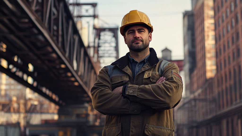 A confident blue-collar worker from the Masters' Guild standing in front of a historic Northeast train station, with red brick buildings and a bustling city in the background.
